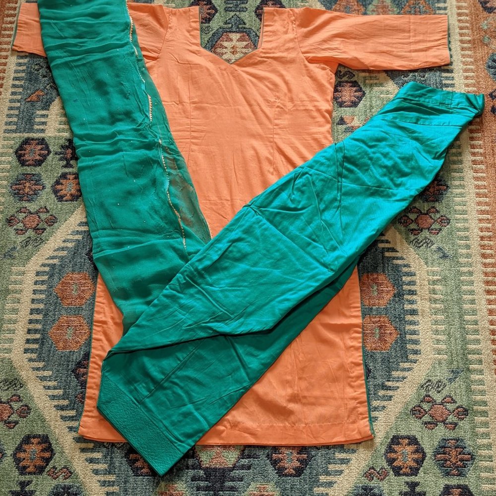 Peach and Teal Salwar Kameez